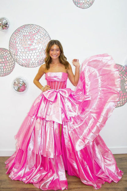 Pink Ball Gown Strapless Organza Ruffled Long Prom Dress with Bow, PD25244