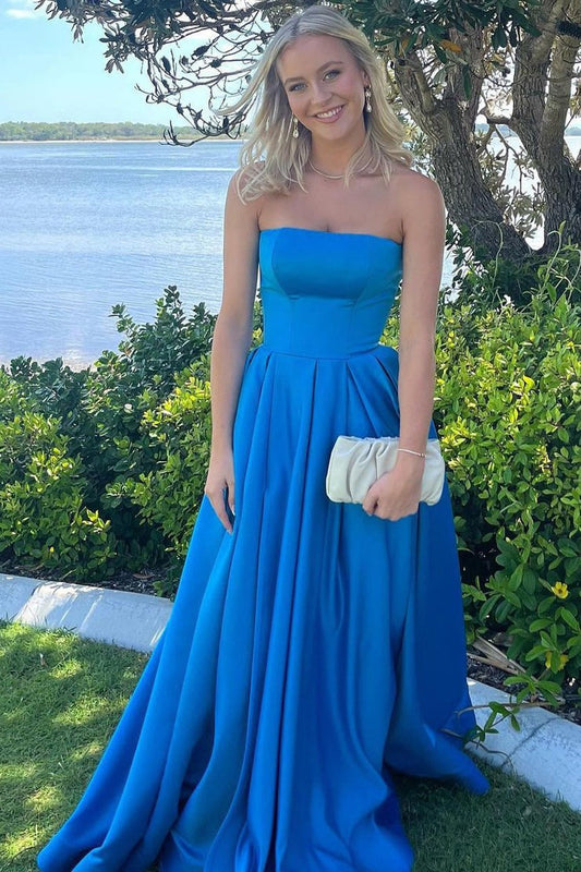Strapless Blue Satin Long Prom Dress, PD25161