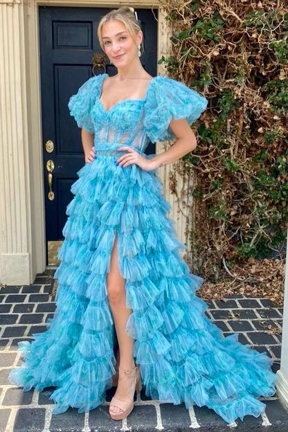 Sweetheart A Line Blue Floral Printed Ruffle Tiered Tulle Long Prom Dress, PD25115