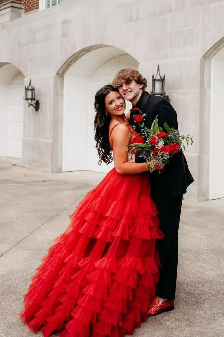 Sweetheart Ball Gown Red Ruffle Tiered Tulle Prom Dress with Beading, PD25087