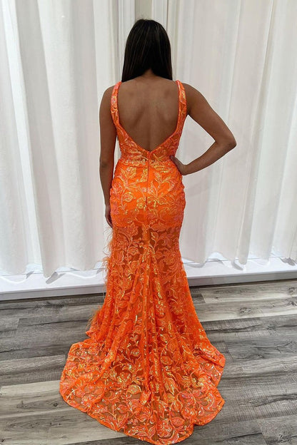 Mermaid V Neck Orange Sequins Long Prom Dress with Slit, PD25345