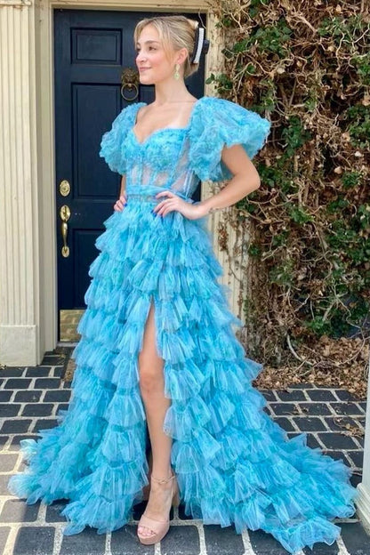 Sweetheart A Line Blue Floral Printed Ruffle Tiered Tulle Long Prom Dress, PD25115