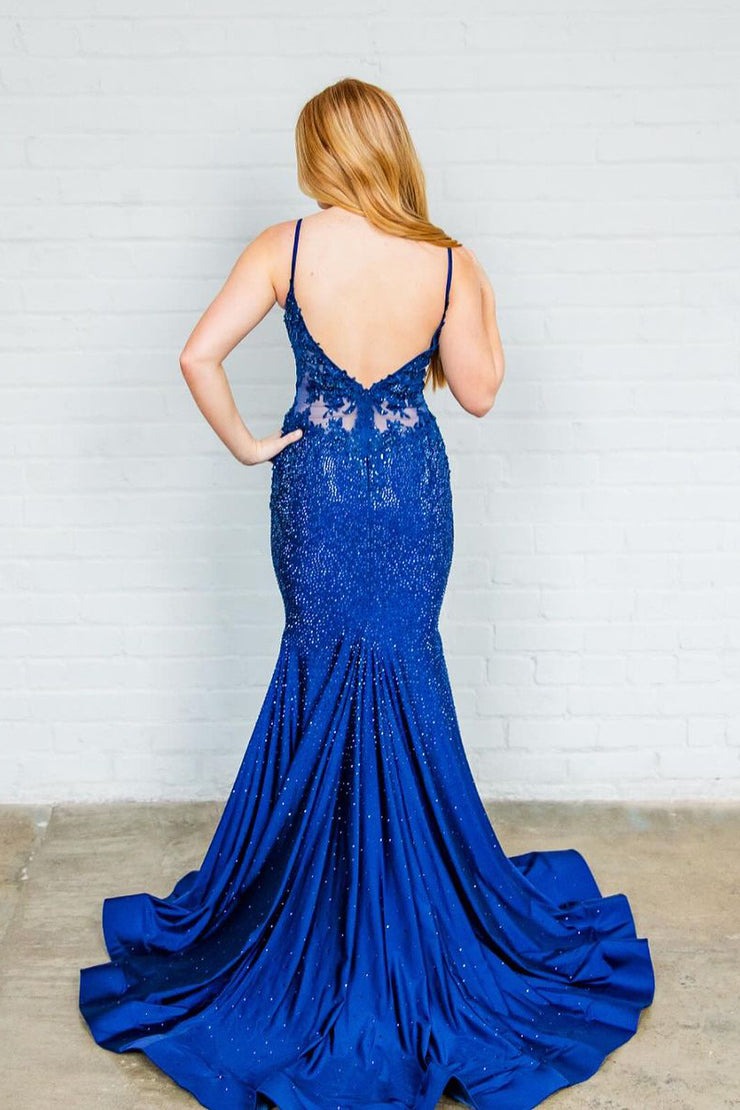 Royal Blue Satin Mermaid V Neck Long Prom Dress with Beading, PD25276