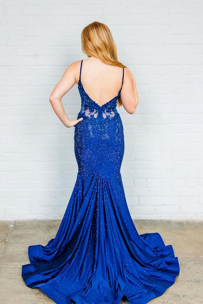 Royal Blue Satin Mermaid V Neck Long Prom Dress with Beading, PD25276