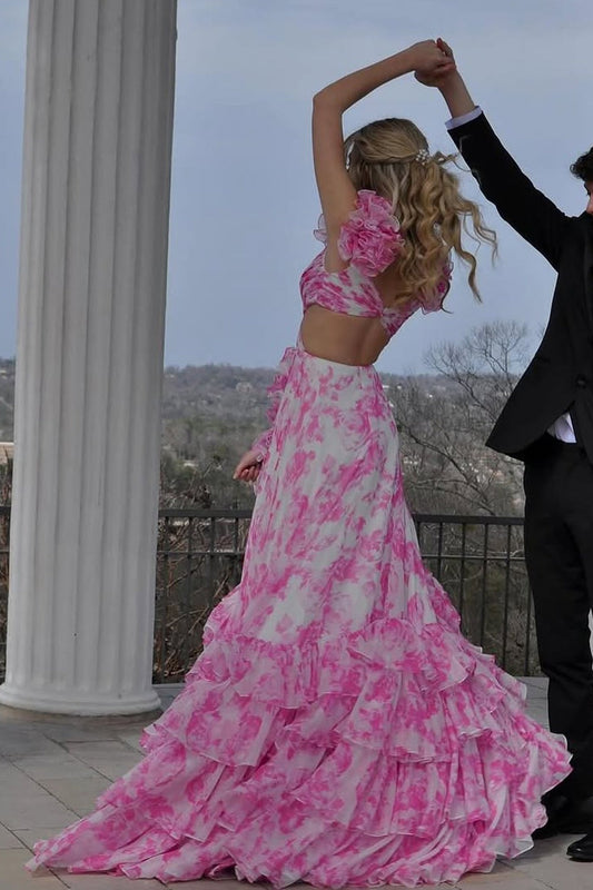 Pink V Neck A-Line Chiffon Floral Printed Ruffle Tiered Long Prom Dress, PD25813