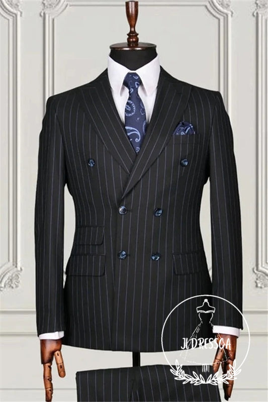 Trendy Black Striped Double Breasted Bespoke Men Suits, SU25129