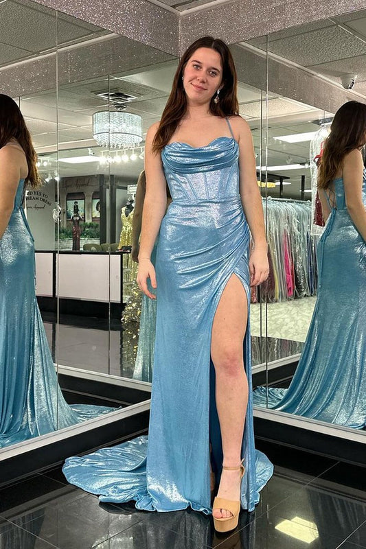 Light Blue Satin Mermaid Cowl Neck Glitter Long Prom Dress, PD25494