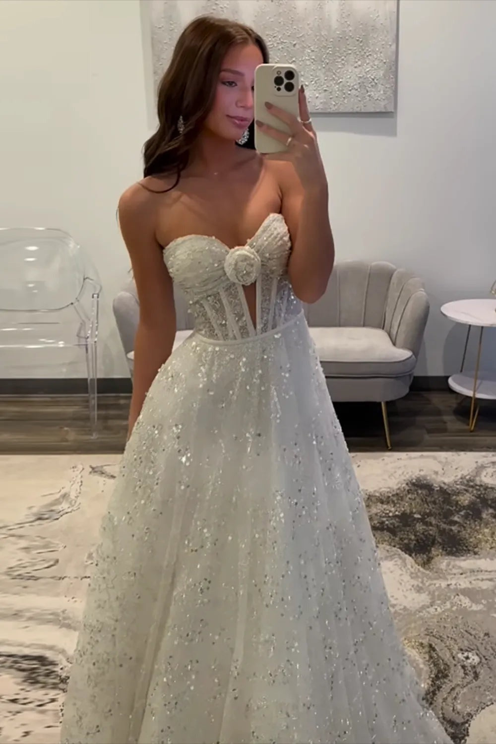 White Sequins Long A Line Sweetheart Prom Dress, PD25803