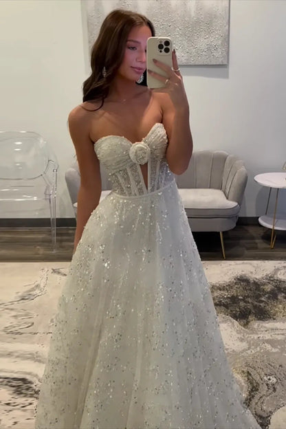 White Sequins Long A Line Sweetheart Prom Dress, PD25803