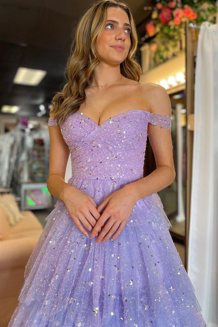 Lavender Tulle Off the Shoulder Ruffle Tiered Long Prom Dress, PD25433