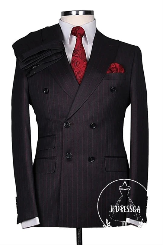 Black Striped Double Breasted Men Suits, SU25179