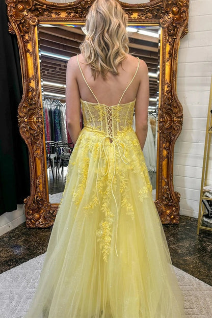 Yellow Spaghetti Straps Floral A-line Long Prom Dress, PD25694
