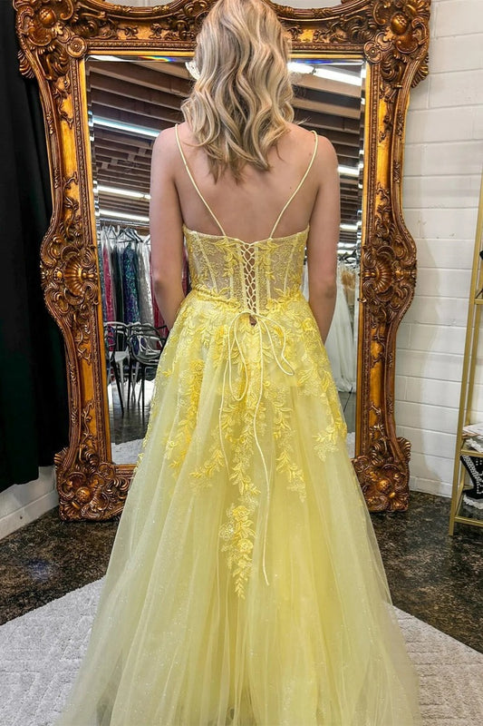 Yellow Spaghetti Straps Floral A-line Long Prom Dress, PD25694
