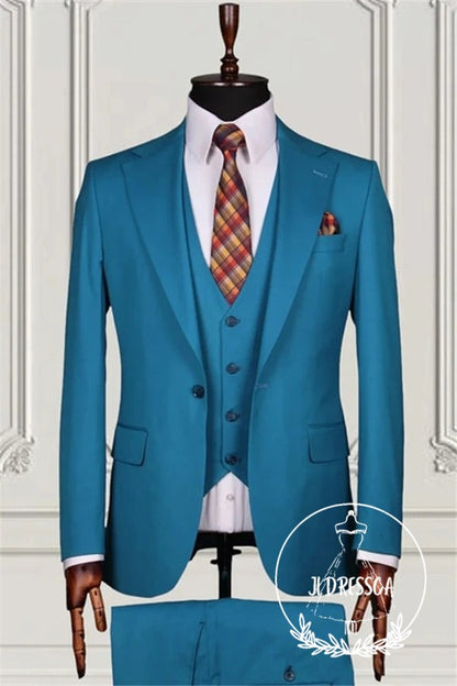 Ocean Blue Three Pieces Close Fitting Bespoke Men Suits For Prom, SU25159