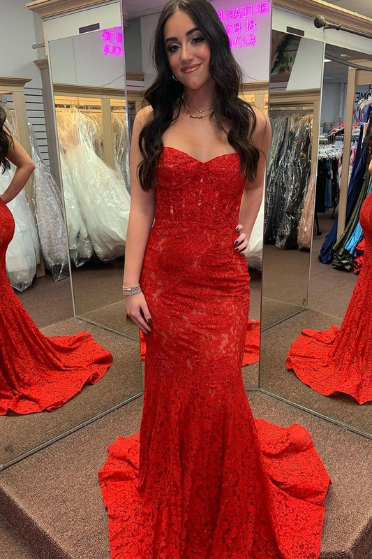 Red Lace Mermaid Sweetheart Long Prom Dresses with Beading, PD25394