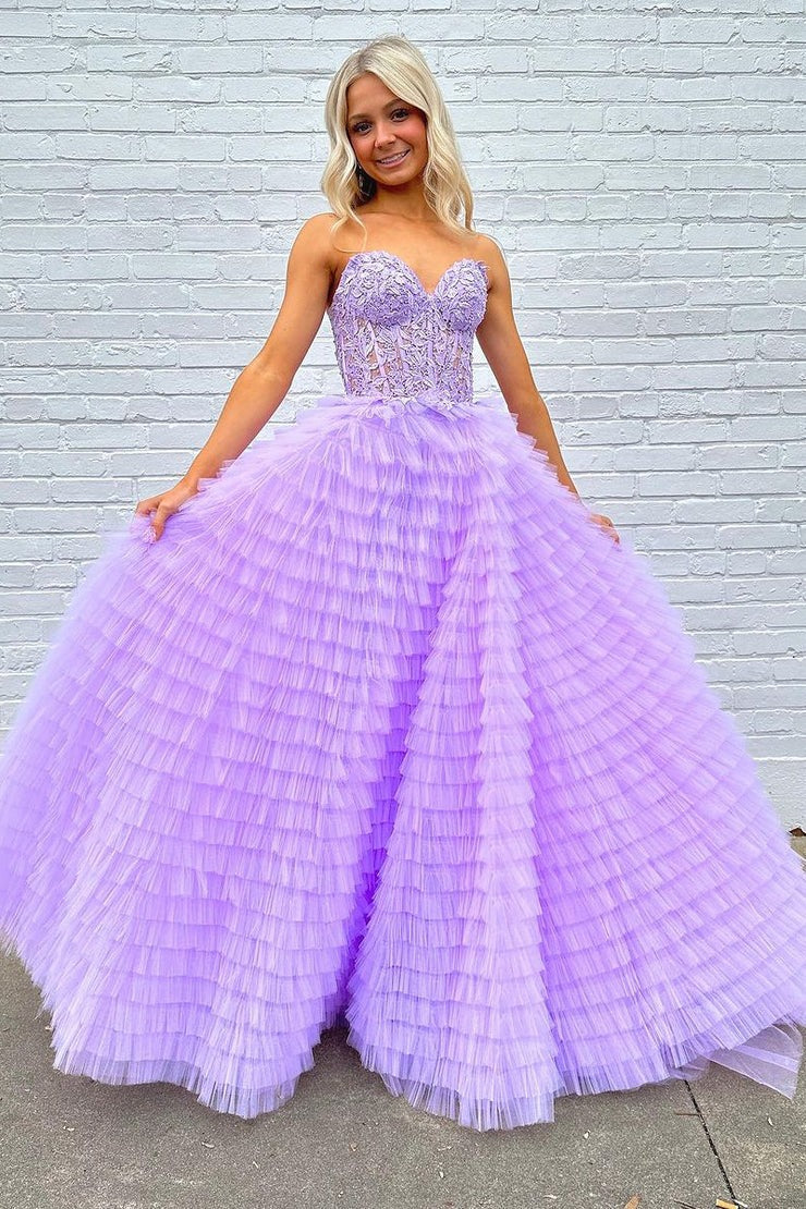 A-Line Sweetheart Ruffle Tiered Tulle Long Prom Dress, PD25424