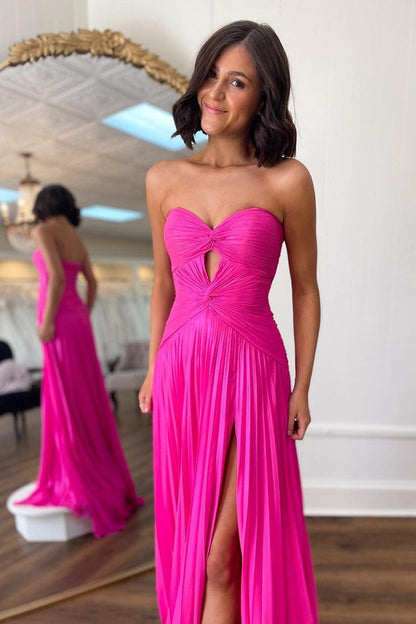 Fuchsia A Line Sweetheart Prom Dress with Slit, PD25612