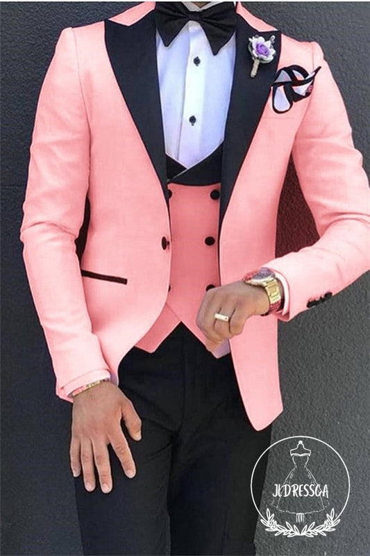 Elegant Pink Tuxedos Prom Suits 3 Pieces Designer Peak Lapel Men Suits, SU25036