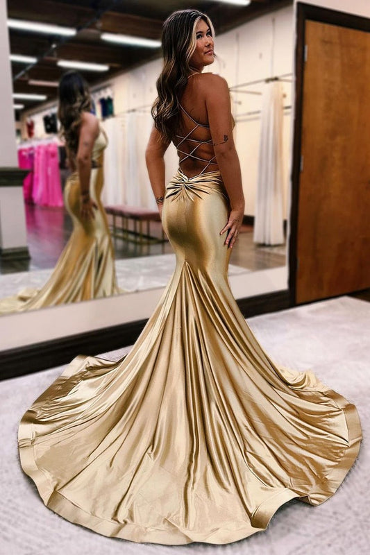 Gold Mermaid Long Prom Dress with V Neck and Cutout, PD25723