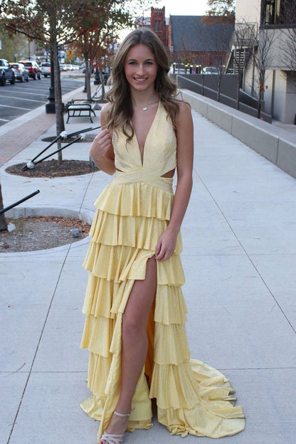 Fuchsia A Line V Neck Beading Prom Dress with Slit, PD25250