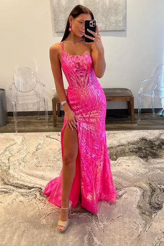 Fuchsia Sequin Lace Mermaid One-Shoulder Long Prom Dress, PD2404182