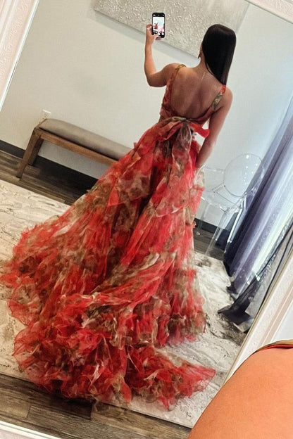 Floral Printed Two Piece V Neck Long Prom Dress, PD25320