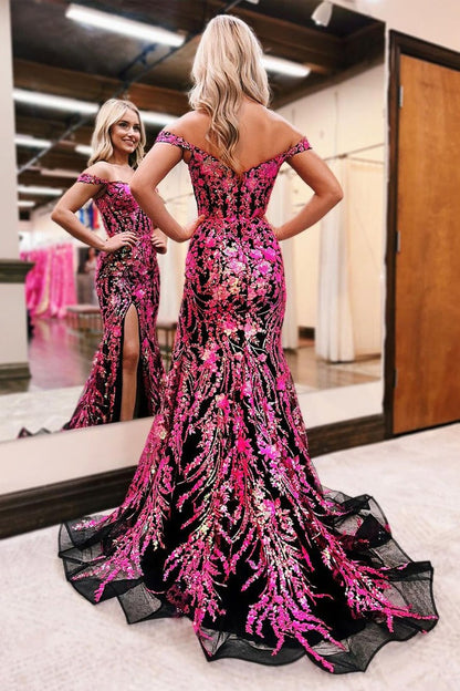 Black Fuchsia Sequins Appliques Mermaid Off the Shoulder Prom Dress with Slit, PD25349