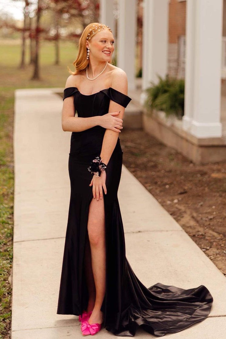Off the Shoulder Mermaid Black Satin Long Prom Dress, PD25117