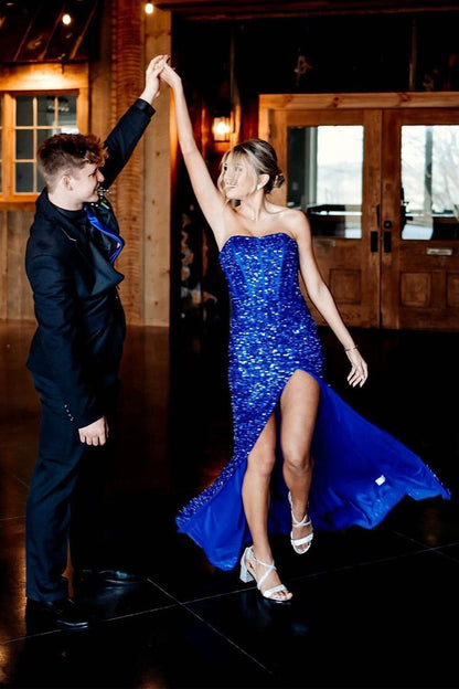 Royal Blue Strapless Sequins Mermaid Long Prom Dress with Slit, PD25209