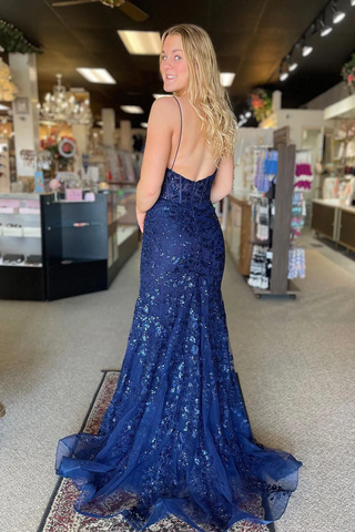 Navy Scoop Neck Sequin Lace Mermaid Long Prom Dress, PD2404223