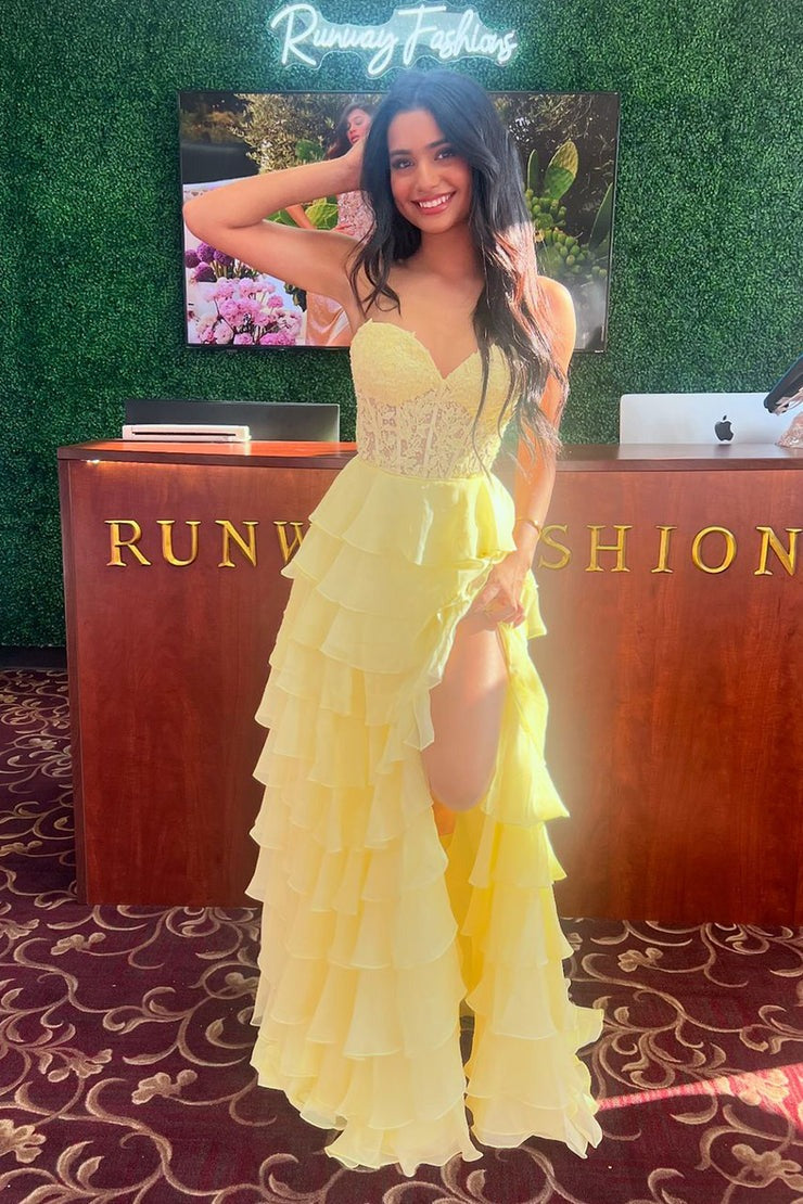 Sweetheart A Line Daffodial Tiered Chiffon Long Prom Dresses, PD25052