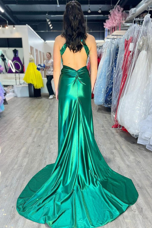 Halter Mermaid Dark Green Elastic Satin Prom Dresses with Beading, PD25053