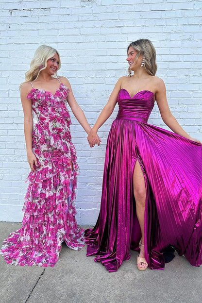 Floral Printed Pink Ruffle Mermaid Long Prom Dresses, PD25313