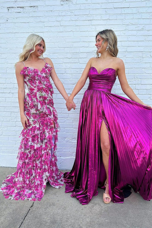 Floral Printed Pink Ruffle Mermaid Long Prom Dresses, PD25313