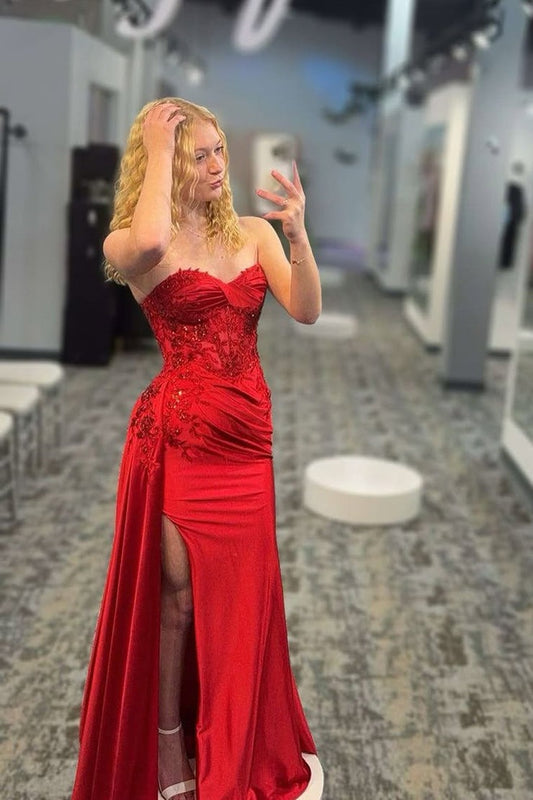 Red Mermaid Sweetheart Prom Dresses with Slit and Appliques, PD25261