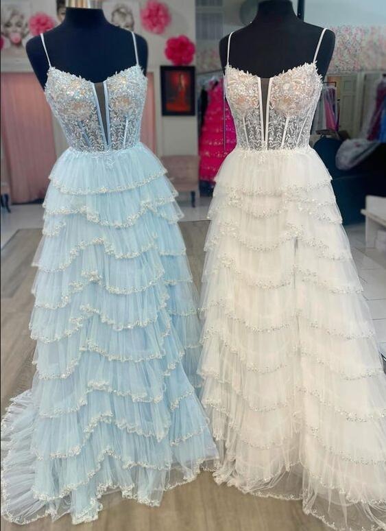 Straps A Line Blush Pink Tulle Layered Long Prom Dresses with Slit, PD25031