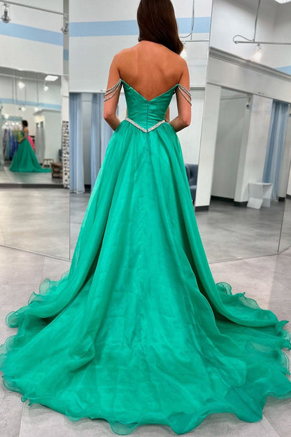 Straps Beaded Green Organza Long Prom Dress, PD25105