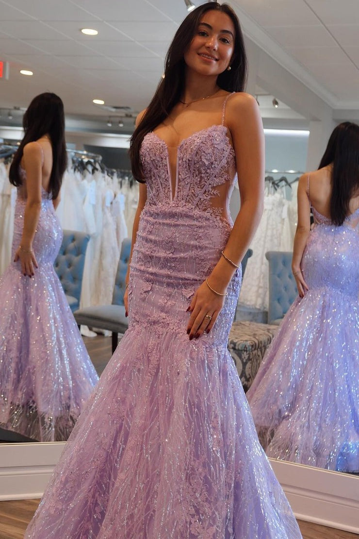 Lilac Lace Sequins Sweetheart Mermaid Long Prom Dresses, PD25354