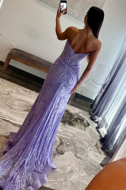 Strapless Mermaid Lilac Lace Prom Dress with Slit, PD25100