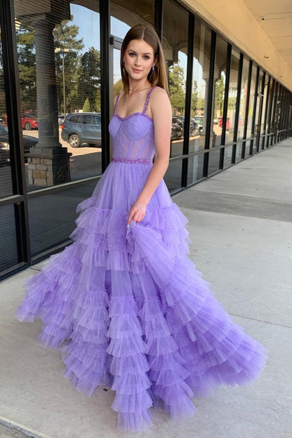 Sweetheart A-Line Lilac Tulle Long Prom Dresses with Beading, PD25188