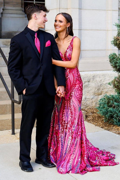 Fuchsia V Neck Sequins Lace Mermaid Long Prom Dress, PD25203