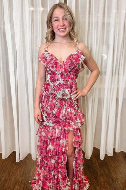 Floral Printed Mermaid V Neck Ruffle Long Prom Dress with Slit, PD25294