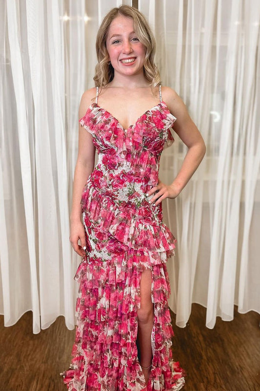 Floral Printed Mermaid V Neck Ruffle Long Prom Dress with Slit, PD25294