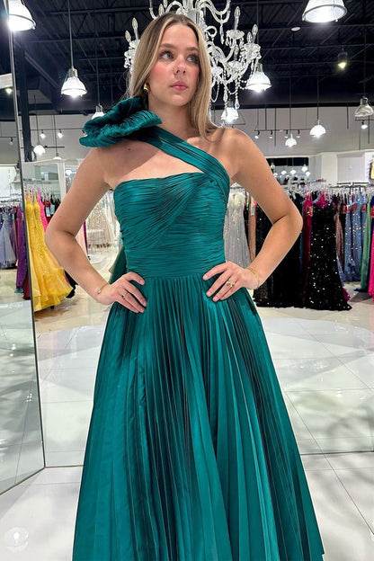 One Shoulder A Line Green Pleated Long Prom Dress with Bow, PD25103