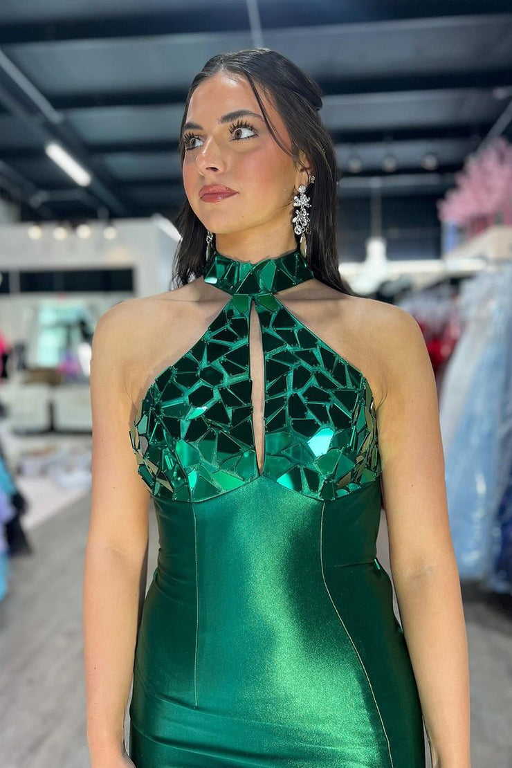 Halter Mermaid Dark Green Elastic Satin Prom Dresses with Beading, PD25053
