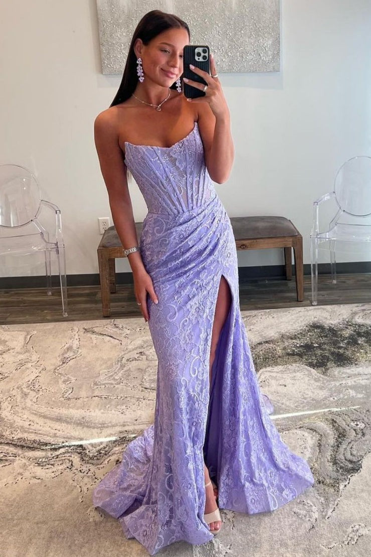 Strapless Mermaid Lilac Lace Prom Dress with Slit, PD25100