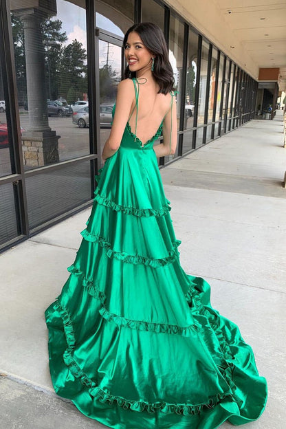 Green Satin A-Line V Neck Prom Dresses with Straps and Ruffle Long, PD25272