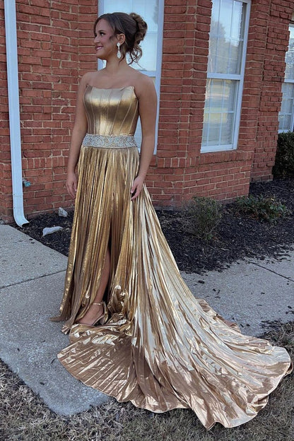 Strapless A Line Gold Satin Long Prom Dresses with Beading, PD25050