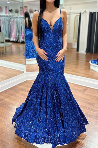 Royal Blue V Neck Sequins Lace Mermaid Long Prom Dress, PD25193
