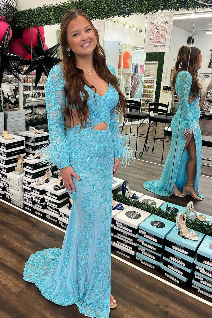Blue V Neck Sequins Lace Mermaid Long Prom Dress with Feather, PD25197